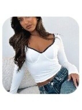 White Fox Boutique Party With Us Long Sleeve Top - White/Navy, size S